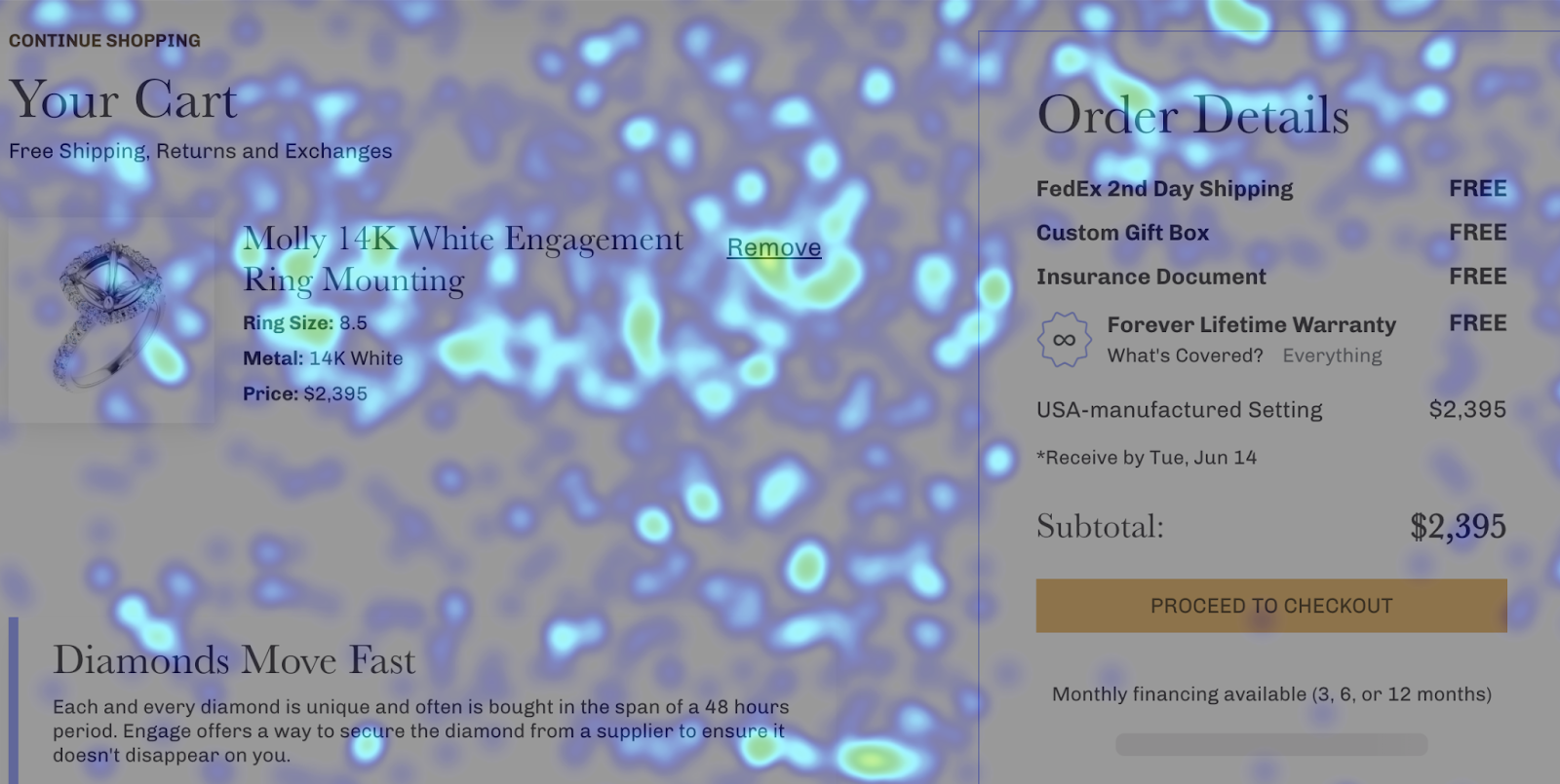 Screenshot of a heatmap, which shows where users are hovering and clicking on an ecommerce website. This gives auditors insight on the decision-making process of users, as well as which elements are more important.