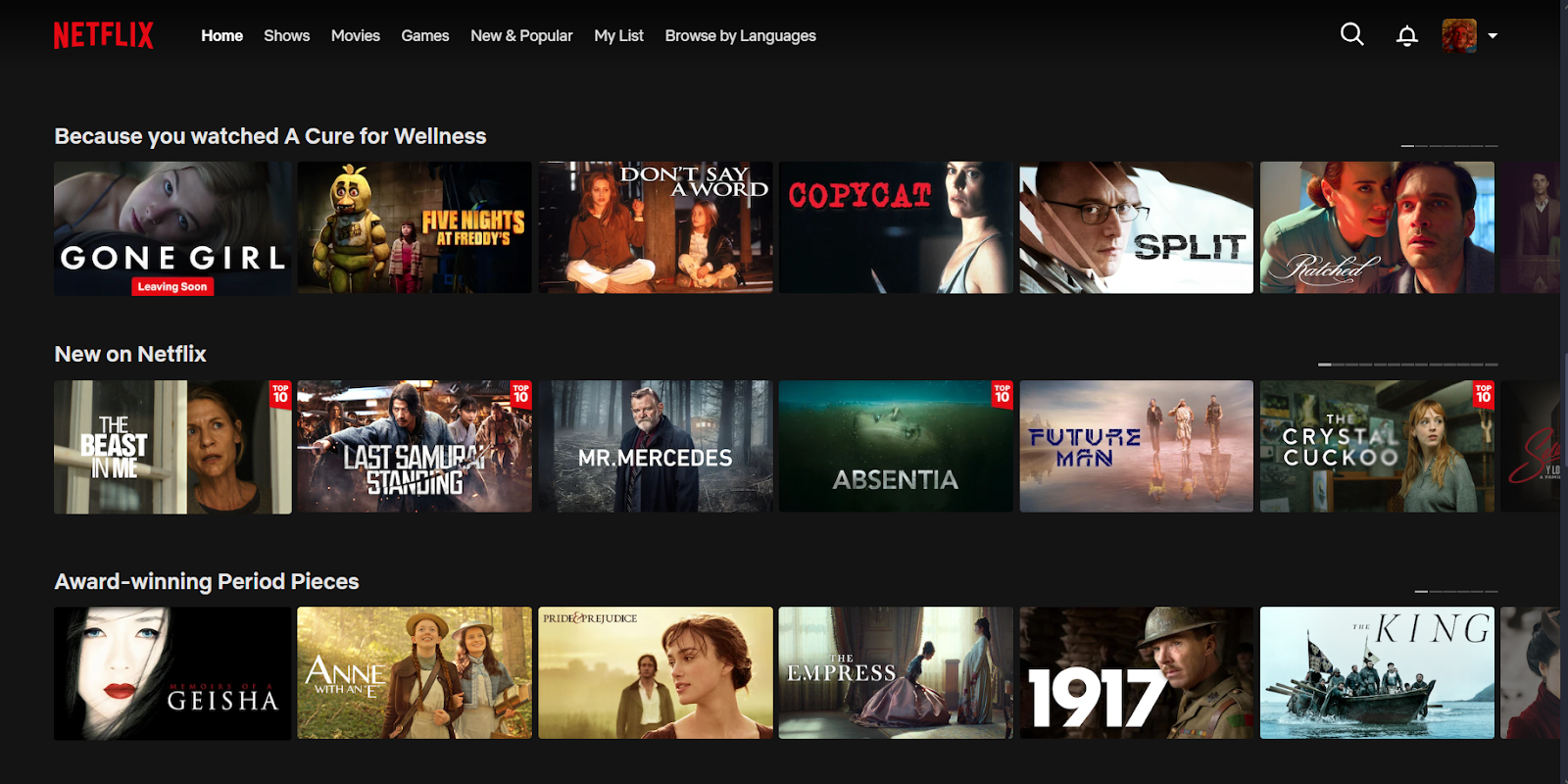 Netflix homepage showing rows of movie and series thumbnails in different recommendation categories.‍