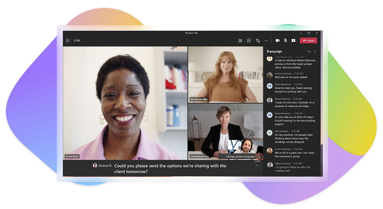 Video call screen showing four people in a virtual meeting, with a chat transcript on the right.