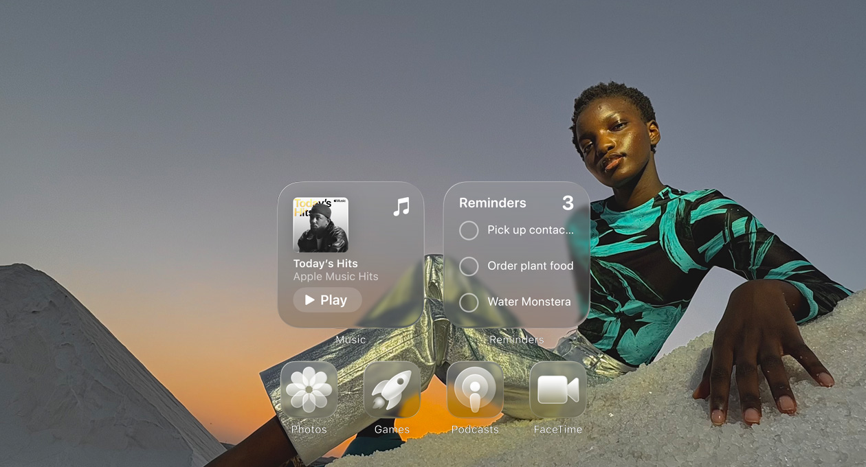 Person posing with floating app widgets overlaid on the scene, showcasing the liquid glass effect.