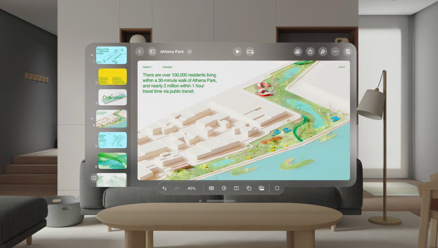 View from in front of a couch in a living room, with augmented reality widgets overlaid.