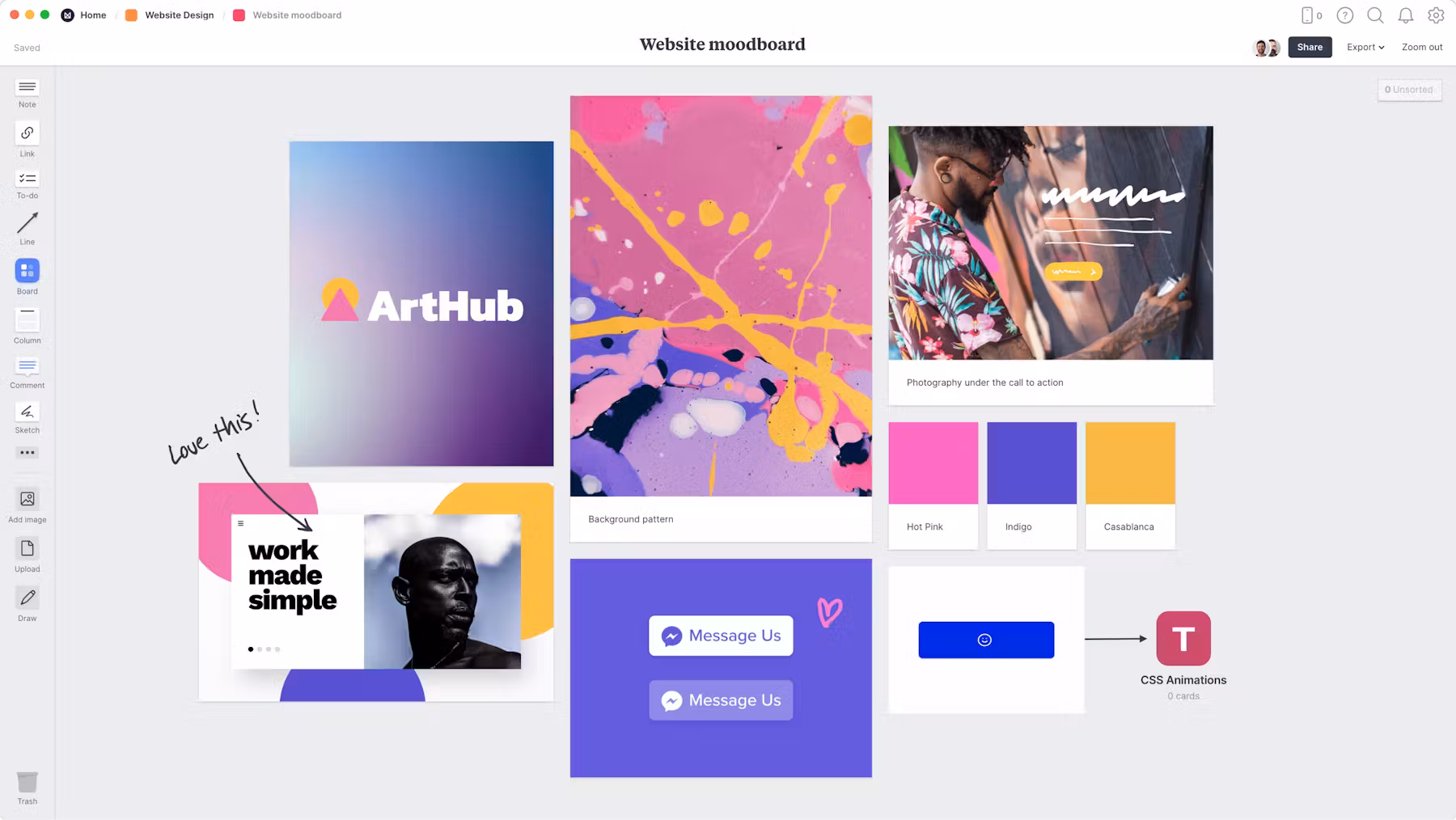 A moodboard combining indigo, hot pink and deep yellow