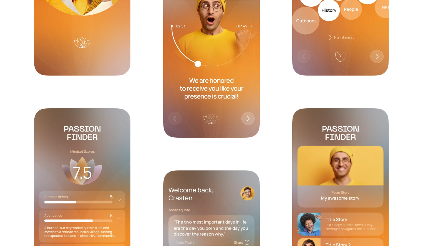 Screens of Nixito's meditation app design show bright yellow colors, rounded shape, and uses liquid glass
