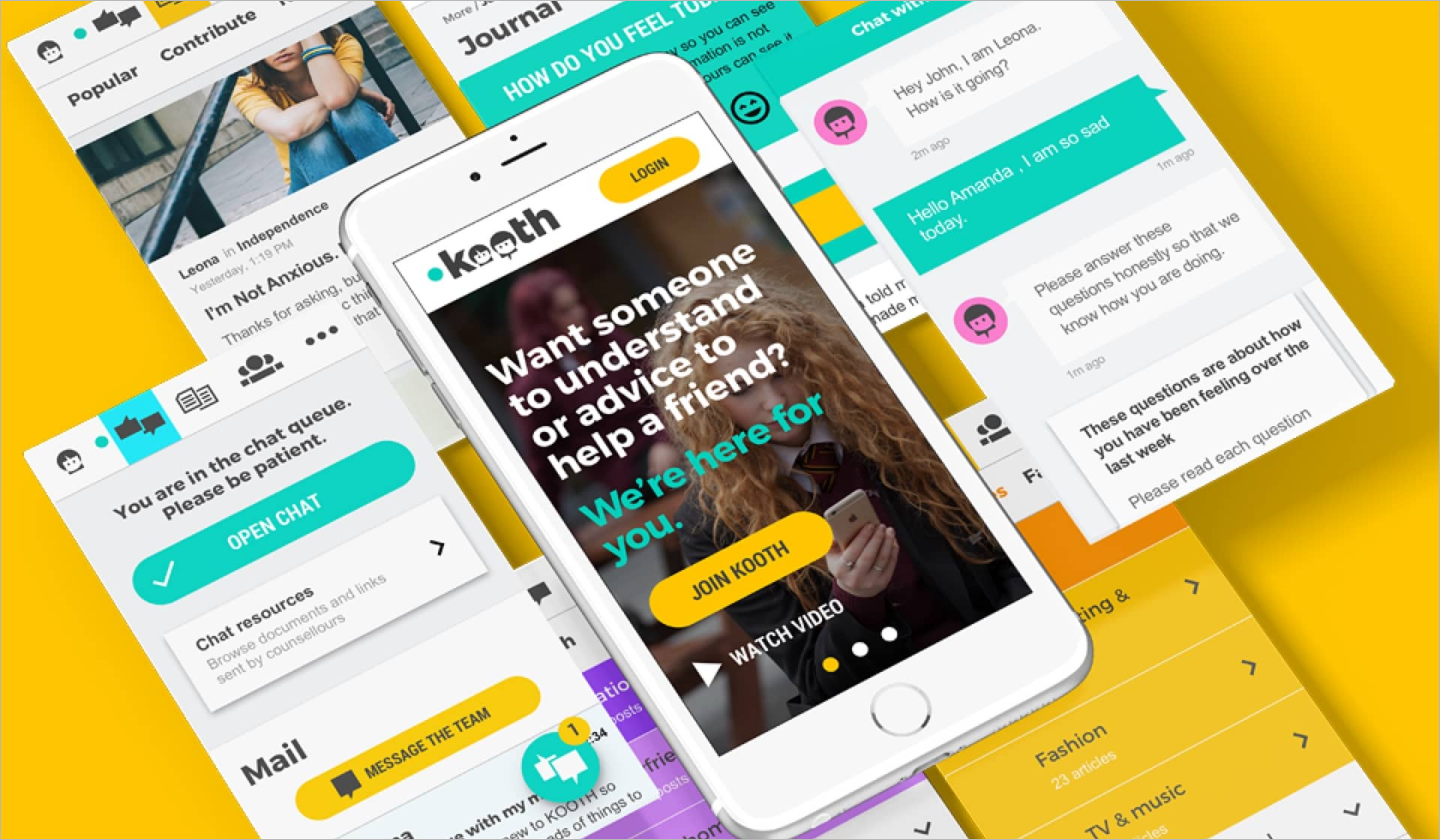 The app design targets teens, using bright colours and friendly fonts