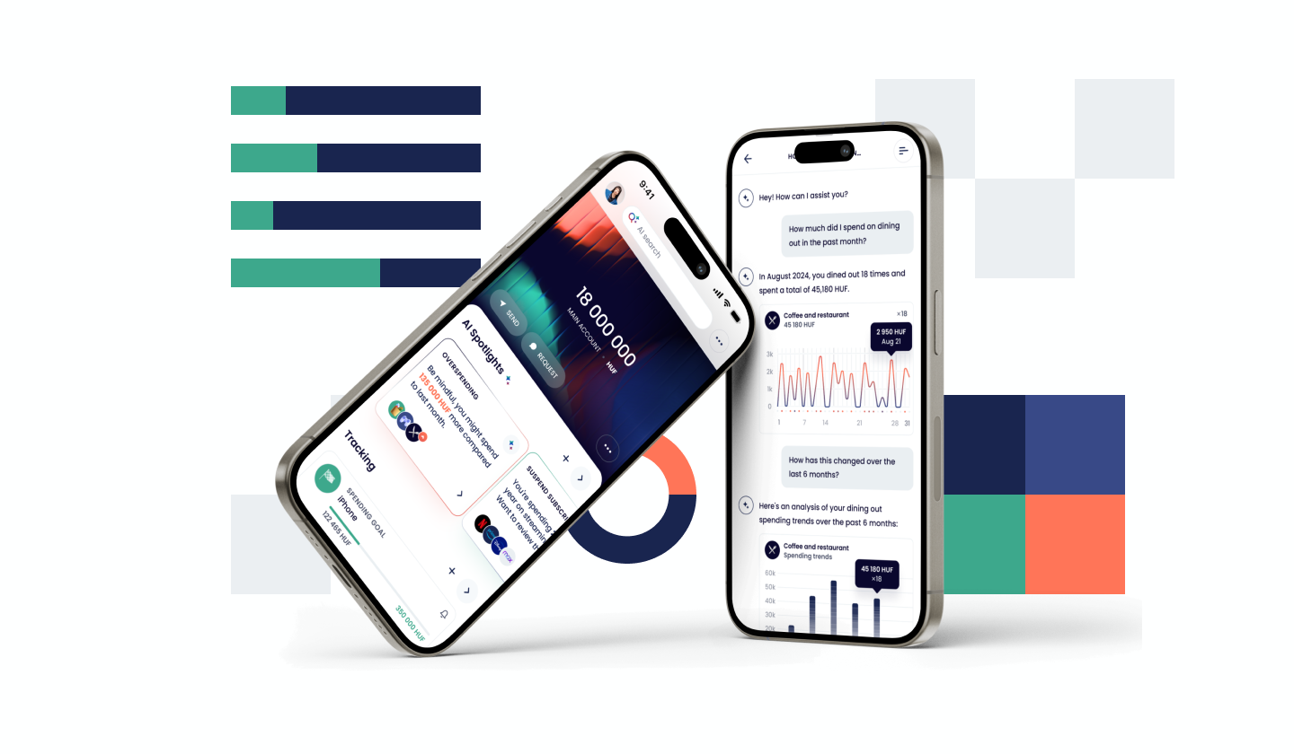 Mobile display of UX studio's app design features an AI chatbot UI, where people can geneate dashboards. The app is minimalistic, with the client's brand colors subtly added to UI elements.