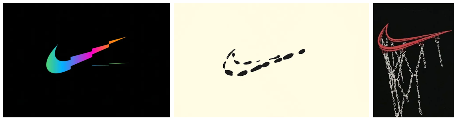 Nike's signature logo with a glitchy gadient, made up of ink dots, and reimagined as a ruined basketball hoop