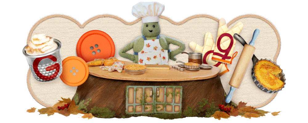 Google's logo reimagined, with Tiny Chef dancing in the middle, surrounded by cooking items spelling out "Google"