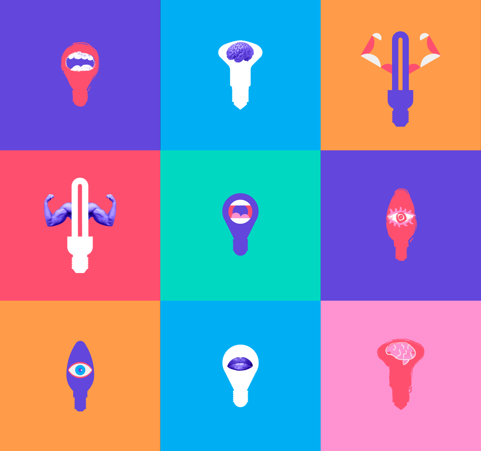 The varied logo set features variations of lightbulbs with various parts of the human body (mouth, brain, arms) montaged onto them. The color also changes.