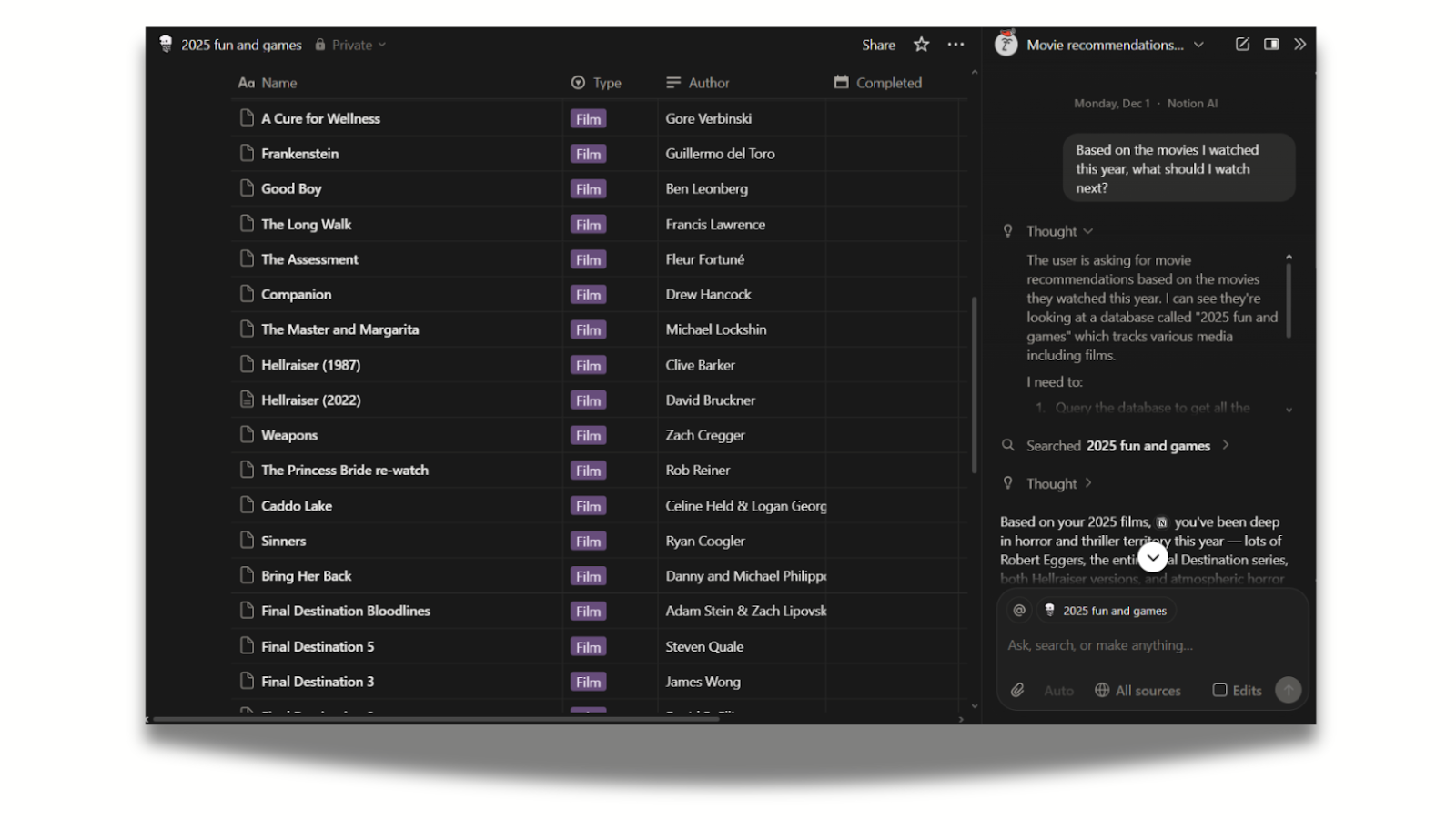 Notion's AI assistant appears in the sidebar, and analyzes the document open, which is a list of movies the user has watched.