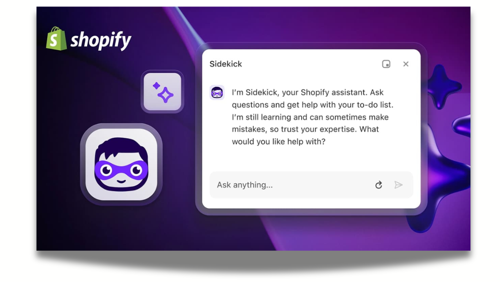 Shopify's AI assistant introduces the bot to a user. It highlights that it sometimes make mistakes.