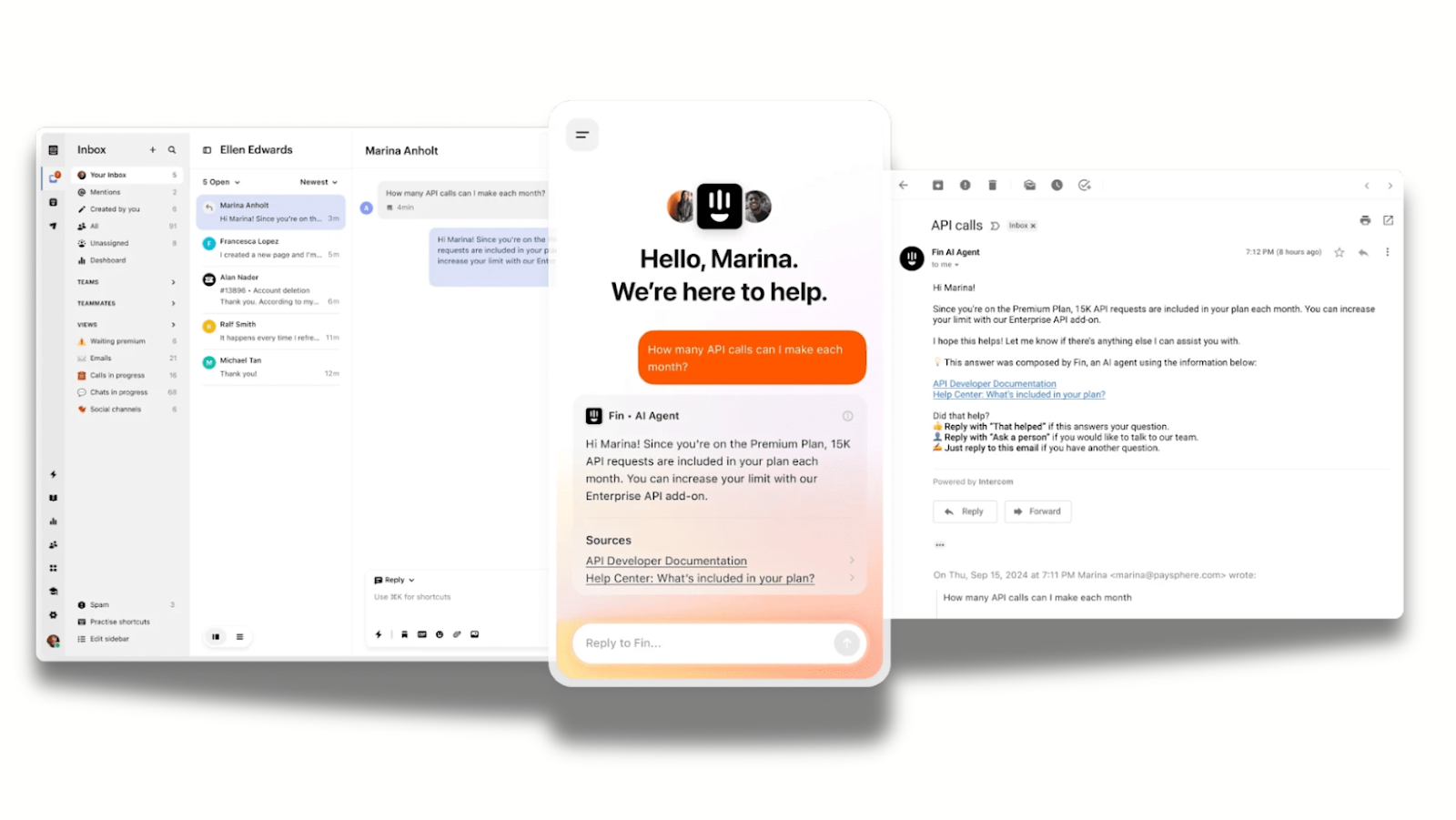 Photo of Intercom's FIN on desktop, mobile, and as an email integration.