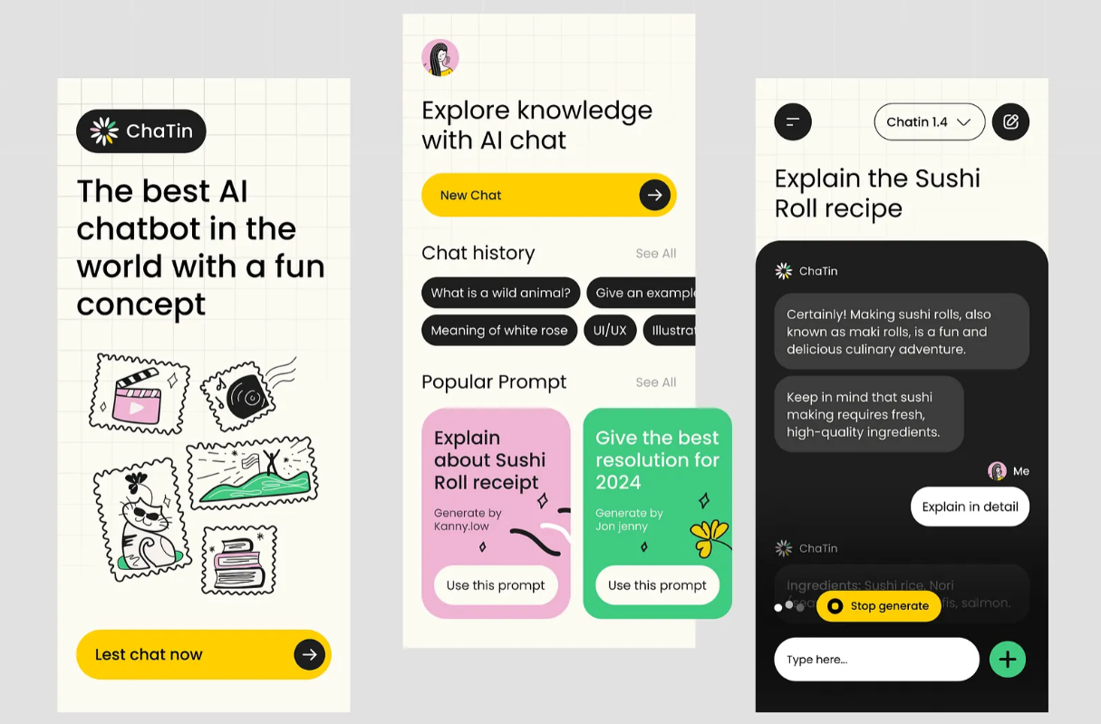 The UI concept uses drawings and papery texture with bright colors (yellow, pink and green), giving a friendly, approachable look and feel to the app.