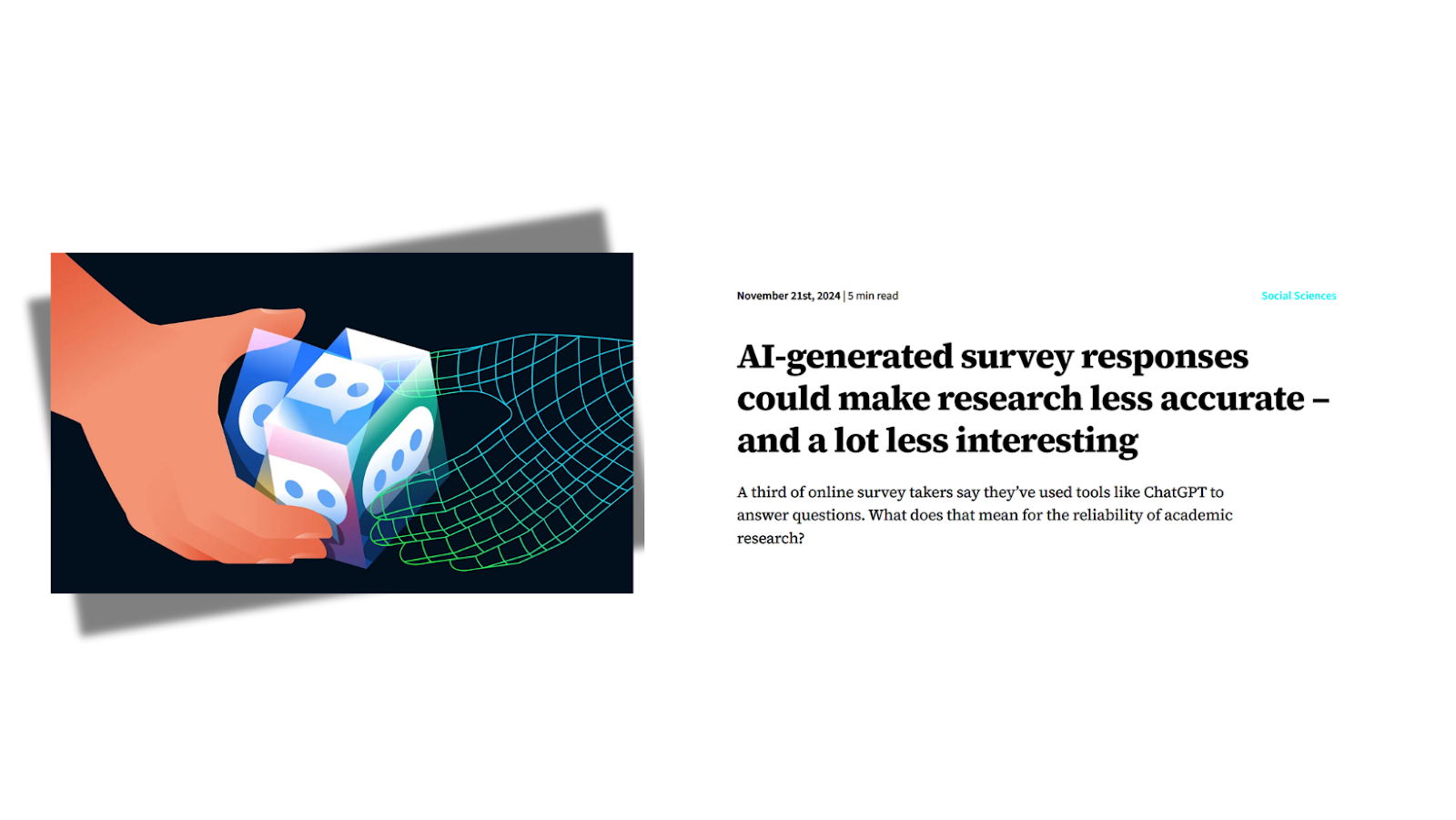 Illustration for the linked article by the Stanford Report. The title is "AI-generated survey responses could make research less accurate-and a lot less interesting""