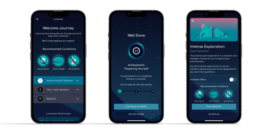 Example screens from Lumenate's welcome journey