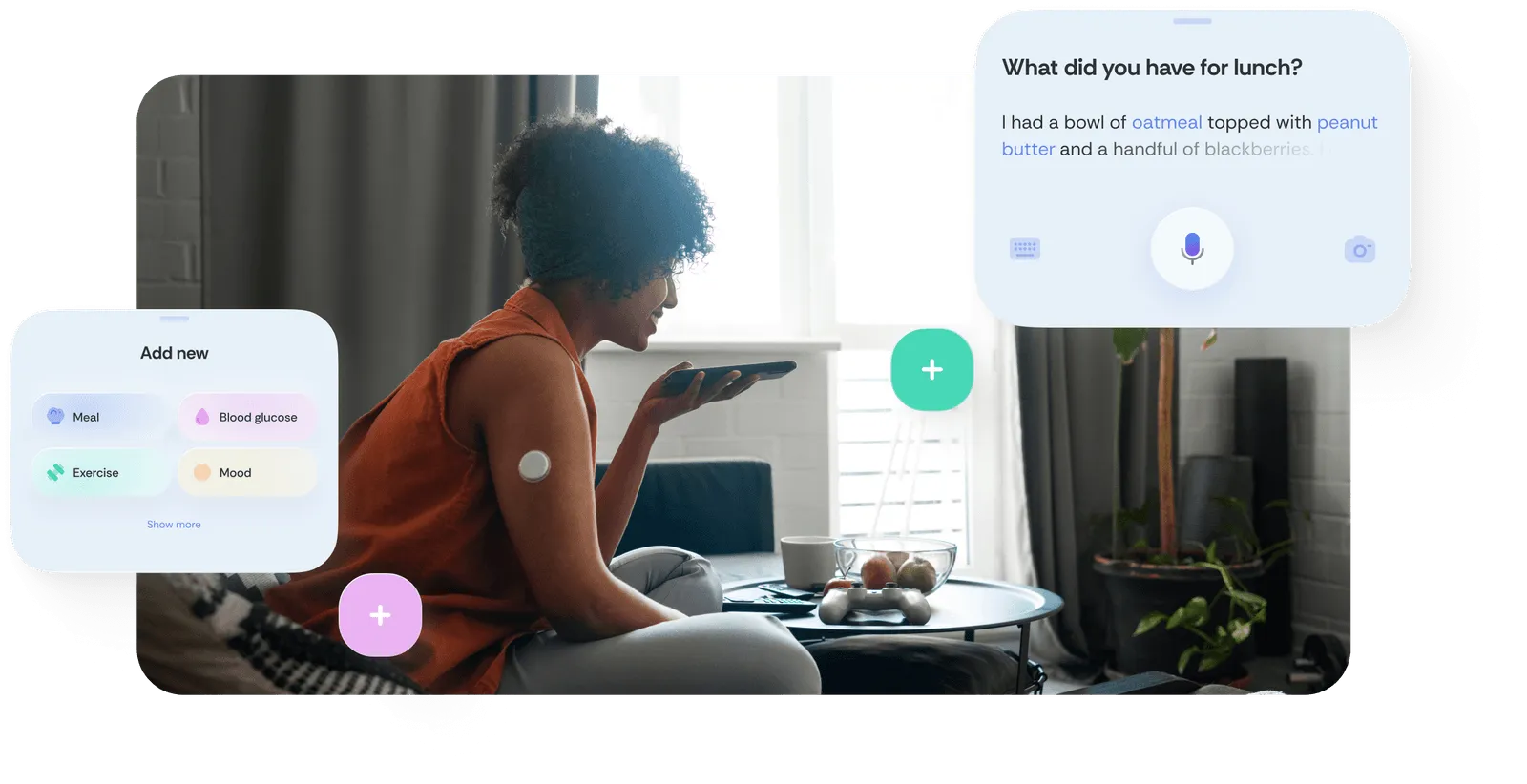 A woman is using voice input to tell the app what she had for lunch: this helps her track her blood glucose