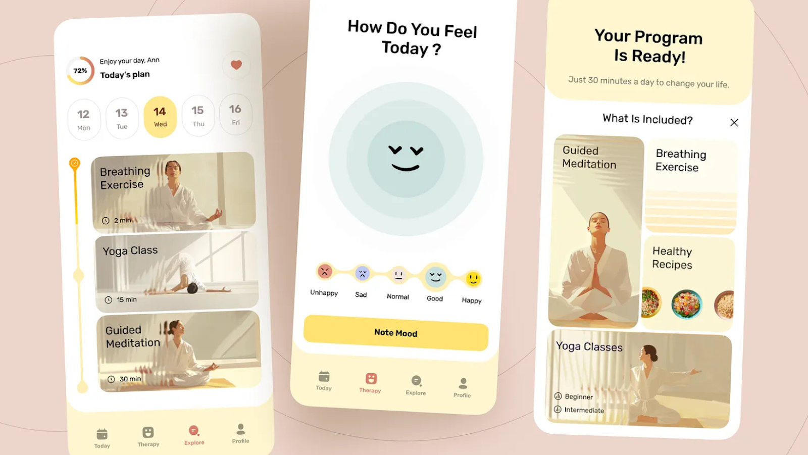 The neo-minimalist app uses warm tones and rounded shapes. Mood tracking, breathing exercises and yoga classes are available along with guided meditation.