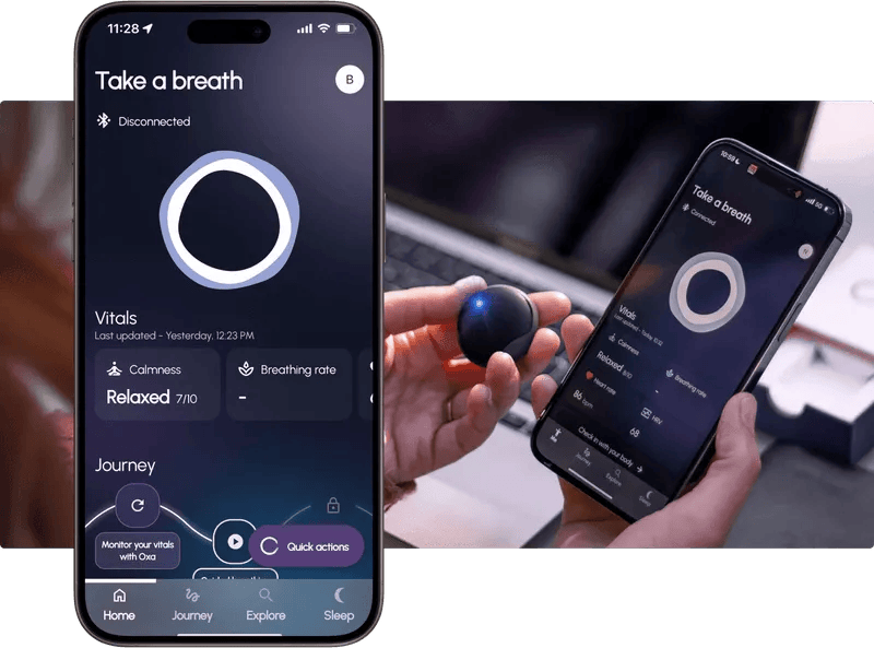 Image showing how to connect Oxa's smart design to the mobile app, which measures biometrics and helps users with guided sessions