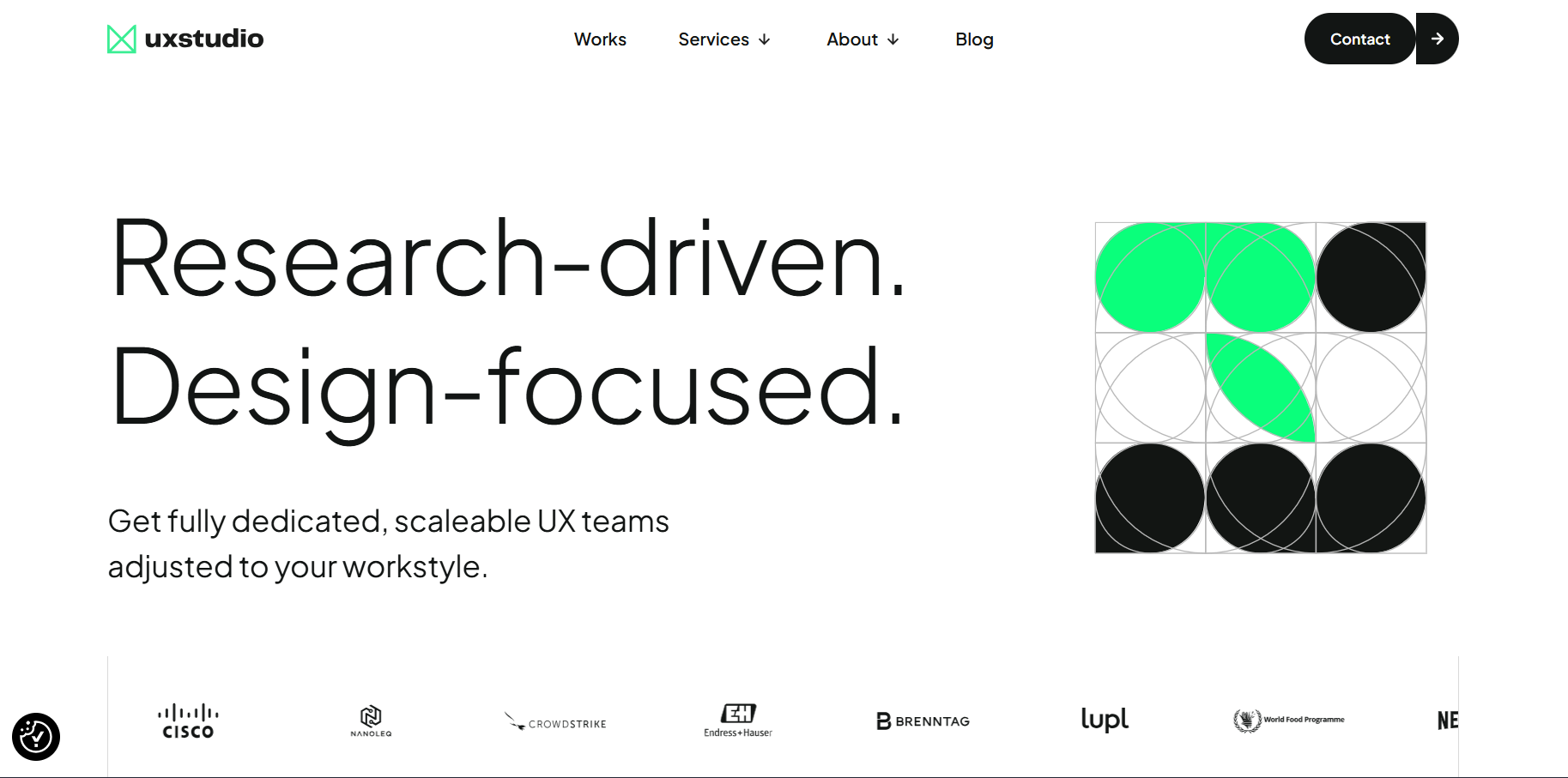A screenshot of UX studio's homepage describes them as research-driven and design focused, offering fully dedicated, scaleable UX teams