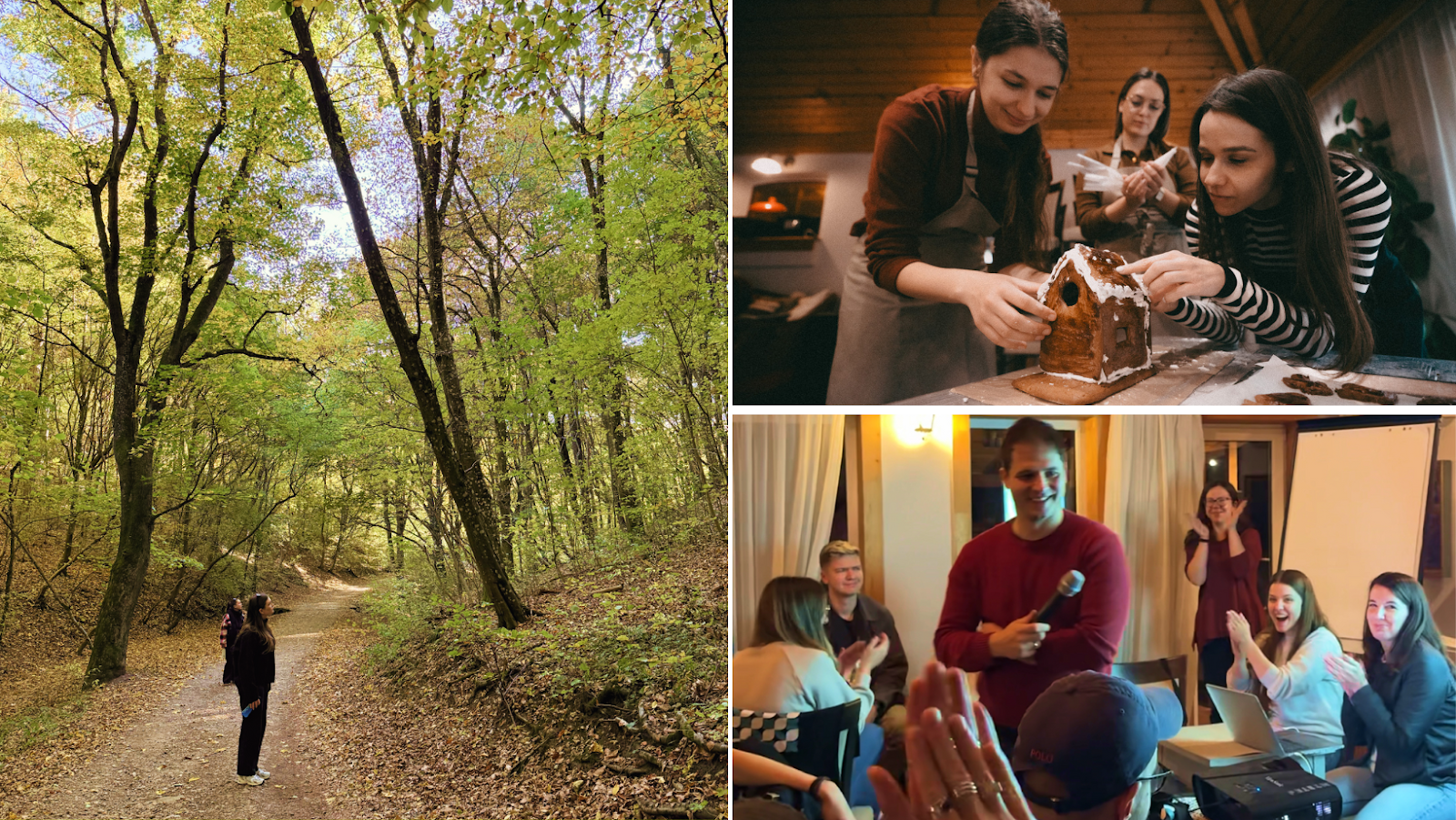 Stills from the retreat: a group admiring the nearby woods; a team making gingerbread houses; CEO David Pasztor announcing the 2025 UX cup
