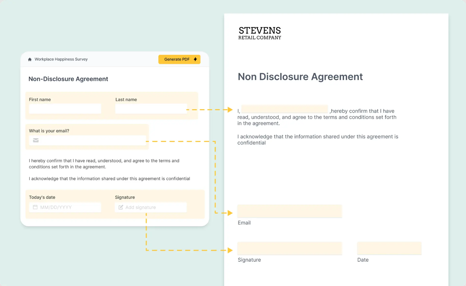 Illustration of a UI alement generating an NDA PDF from a survey form