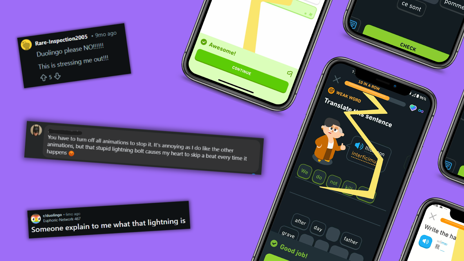 User reviews collected from Facebook and Reddit, complaining about the intrusive lightning strike animation Duolingo uses