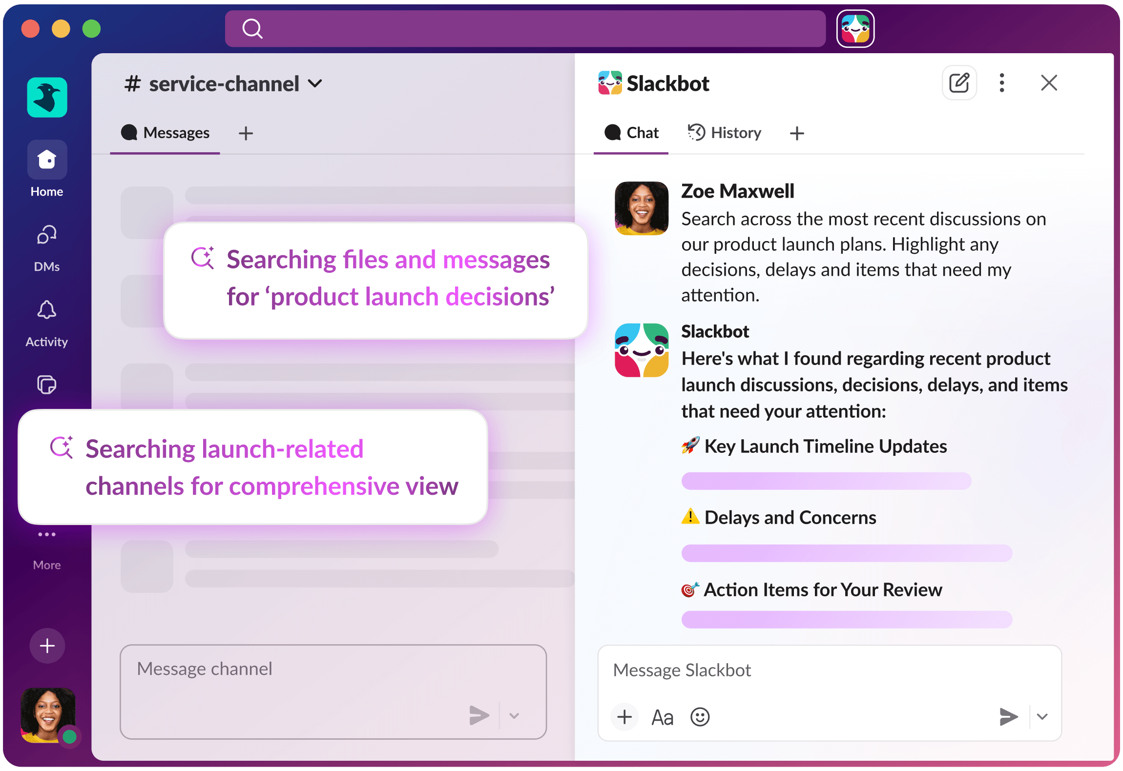 Example of Slackbot's agentic capabilities: the prompt it to search across recent discussions for project plans with highlighting decisions, delays and items that may need special attention. The AI chatbot completes the task and creates a summary.