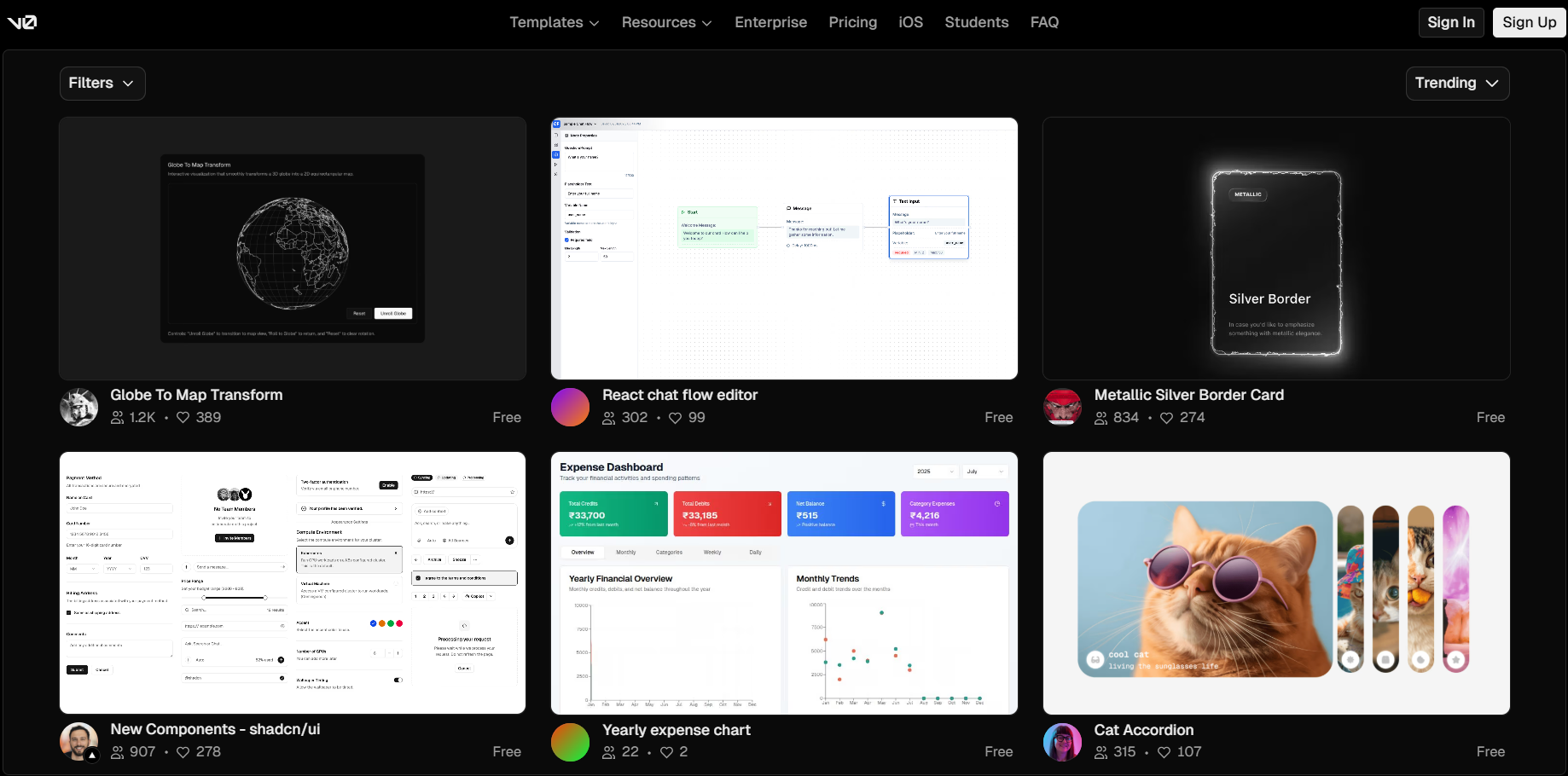 v0's gallery of custom interfaces with reusable UI elements, including a globe to map transform, react. chat flow editor, and yearly expanses dashboard