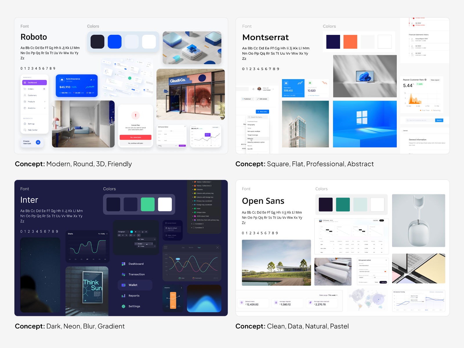 Various concepts include a3D-inspired UI, abstract square looks, a dark version with neon accents, and a clean, minimalist look.