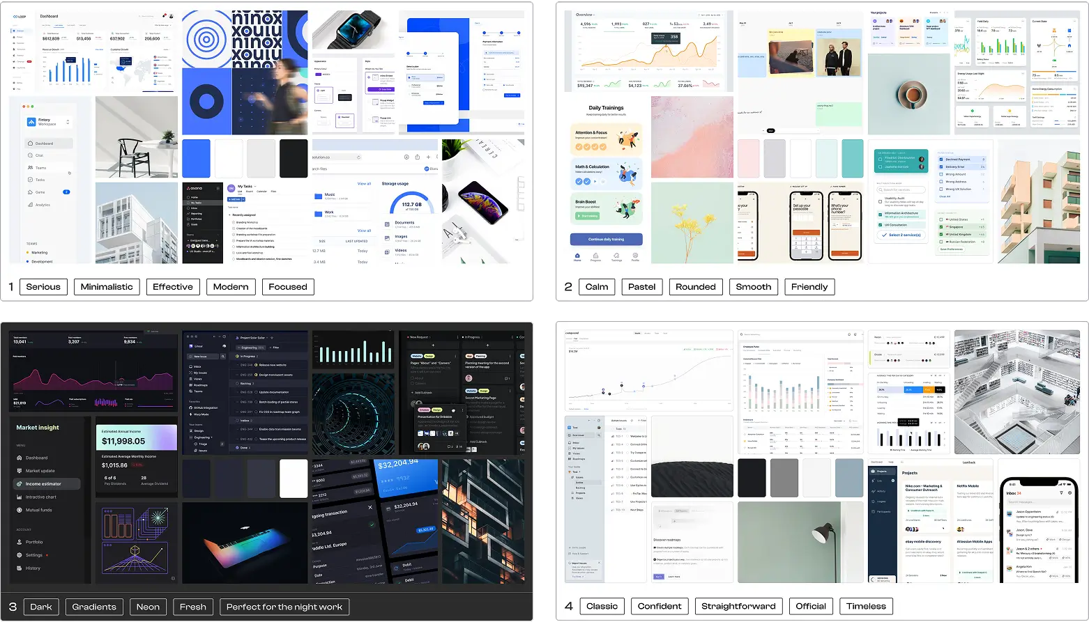 Moodboard presenting 4 different look and feels, including a serious minimalistic approacg, a smooth and friendly design, a timelessly official look, and a holographic dark mode