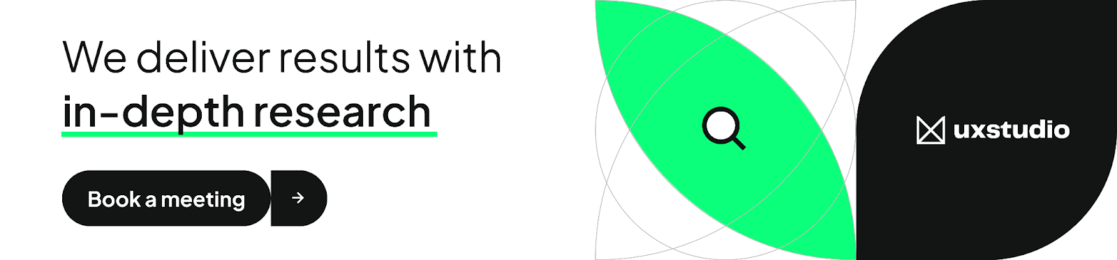 UX studio banner saying 'we deliver results with in-depth research. Book a meeting.'