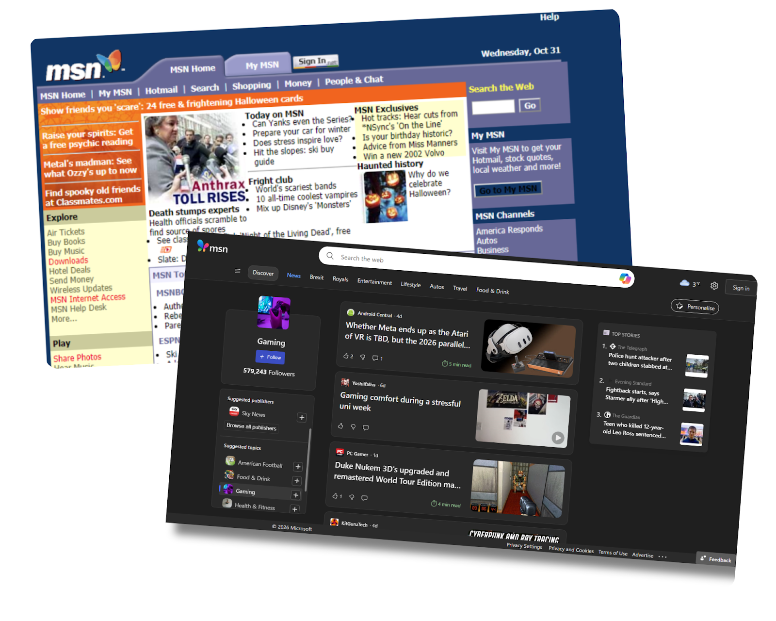 MSN's old website used bright colours with tightly spaced letters and 3D forms. The new website uses more white space and groups topics into separate elements.