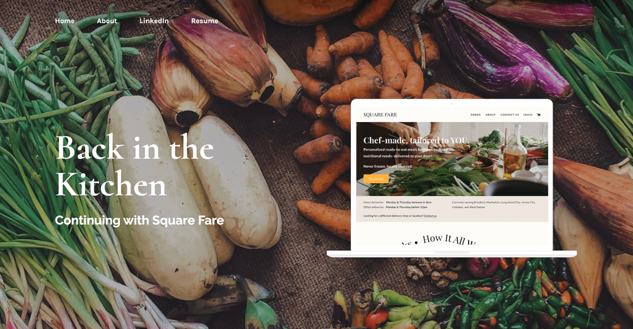 A spread of fresh vegetables with text overlay and a laptop displaying a chef-themed website.