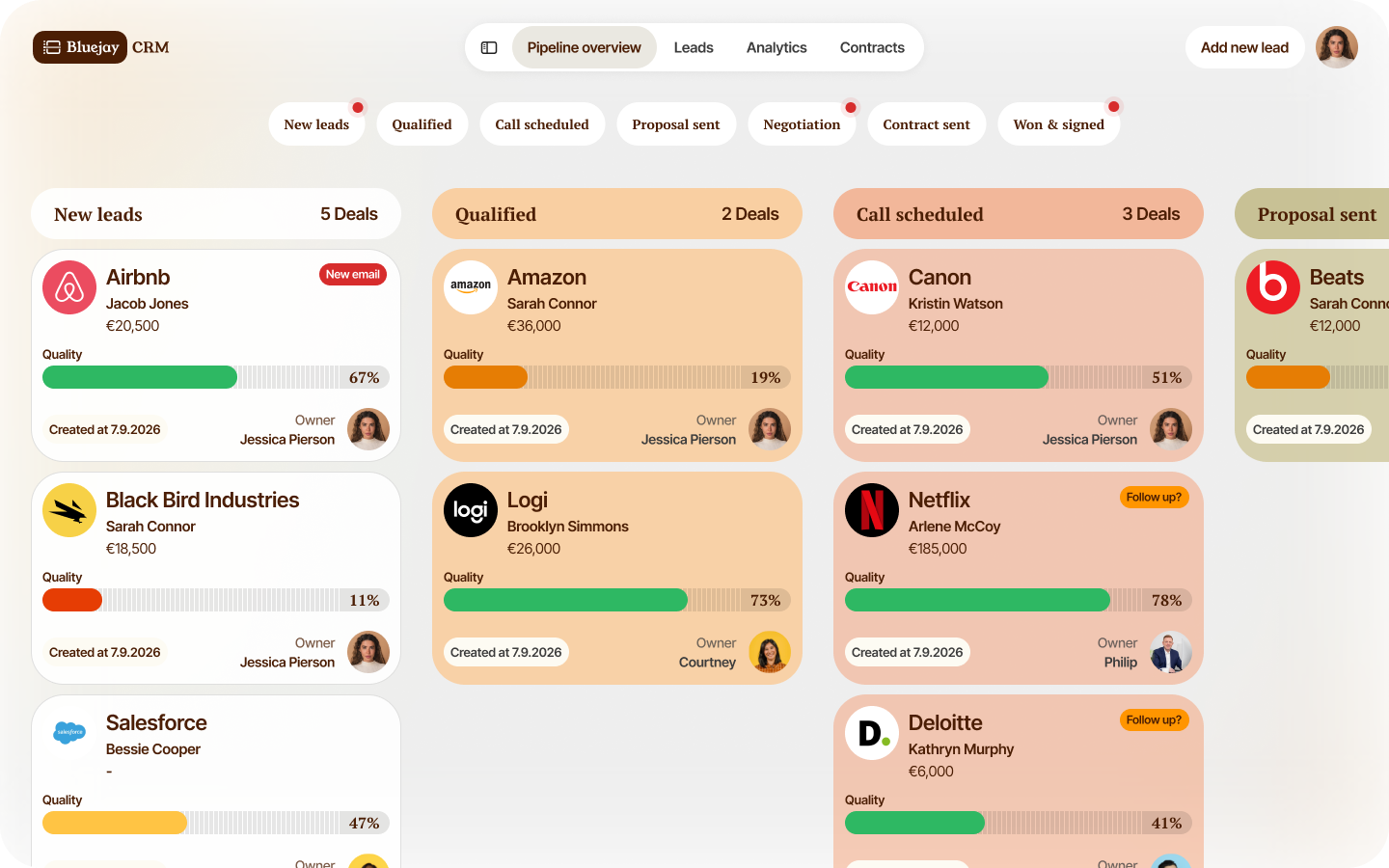 A CRM concept, reimagining the dashboard as a Kanban table with easy navigation and earthy tones