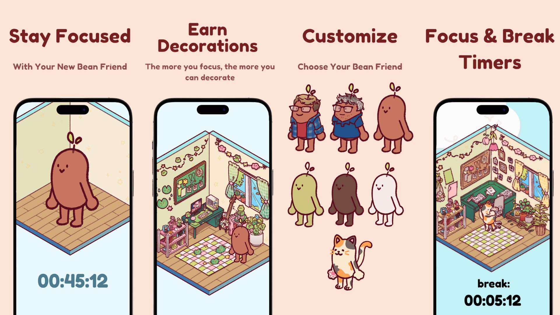 Screens from Focus Friend, an app that helps users focus by locking their screen in a gamified fashion