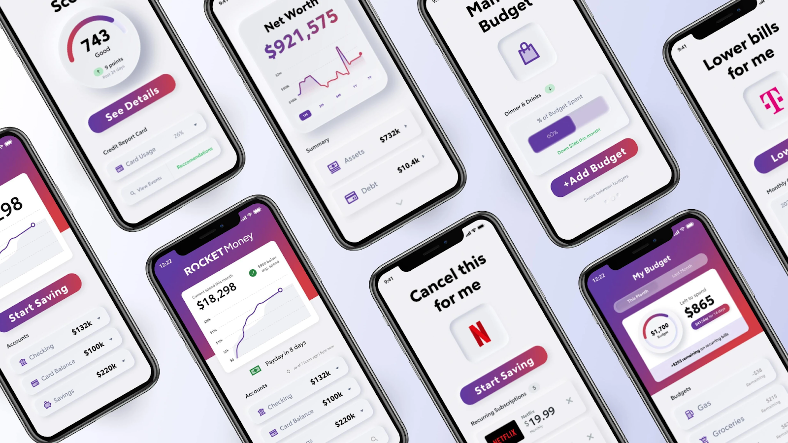 Smartphones displaying various screens of a financial management app (Rocket Money) with graphs and statistics.