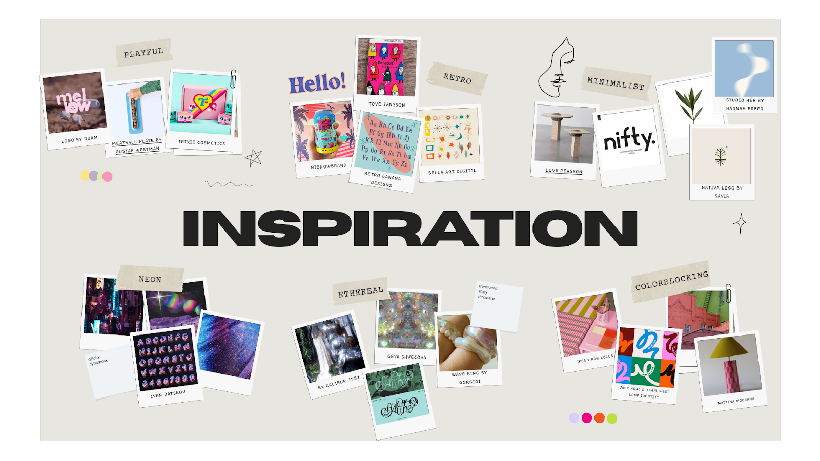 An inspiration board with various sources of inspiration, from packaging design to typogarphy, logos, book cover, films, jewelry, items and photos