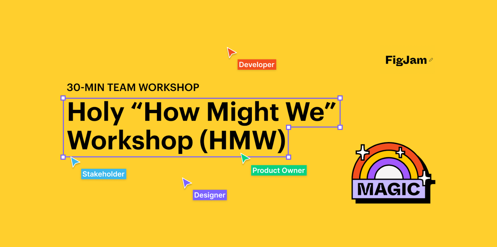 A playful template for a 30-min team workshop in FigJam, titled "holy how might we workshop"