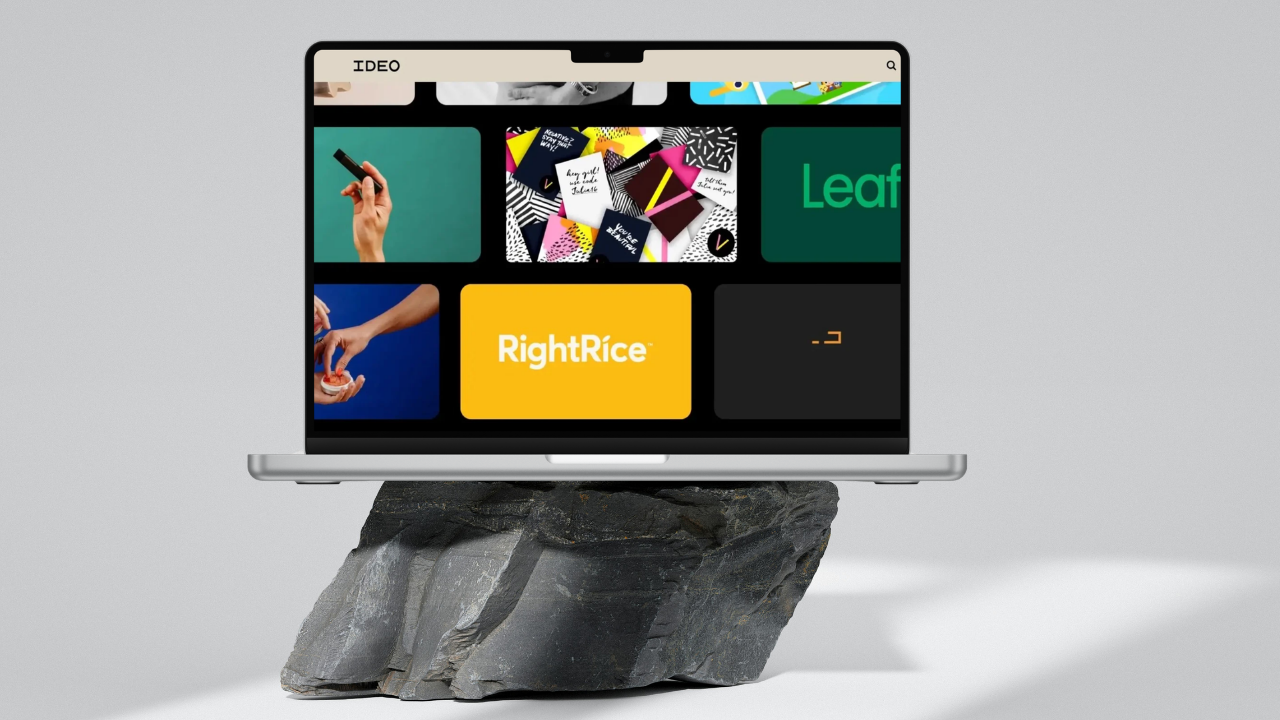 A mockup with Ideo's website, who use a video header to display their portfolio, including projects like Leafly and RightRice