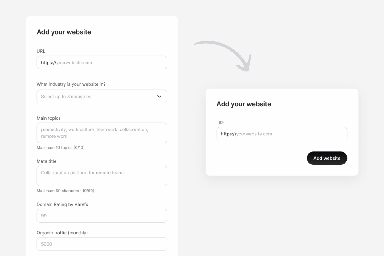 On the left side, the image shows a long form requiring user to fill in their website's URL, industry, main topics, meta title, domain ranking and monthly organic traffic. On the right side, we can see a simplified version, where the user only needs to add the URL: AI will fill in the rest through scraping.