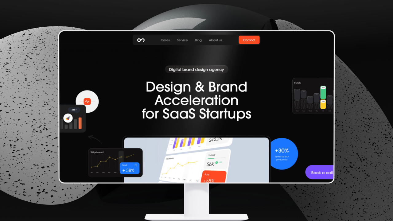 Outcrowd's site looks like a colourful dashboard, with text saying "Design & brand acceleration for SaaS Startups"