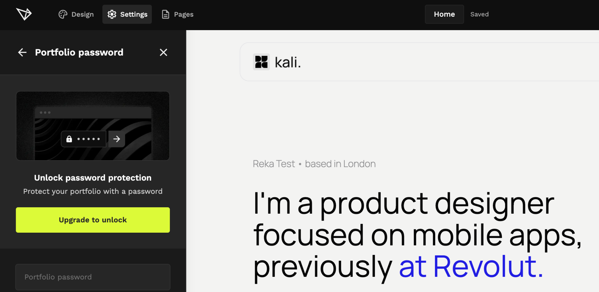 UXfolio is a website and portfolio builder SaaS tool. On the image, you can see the editor; in the settings section, a user has just opened "portfolio password." A tooltip informs them that to unlock password protection, they need to upgrade to premium.