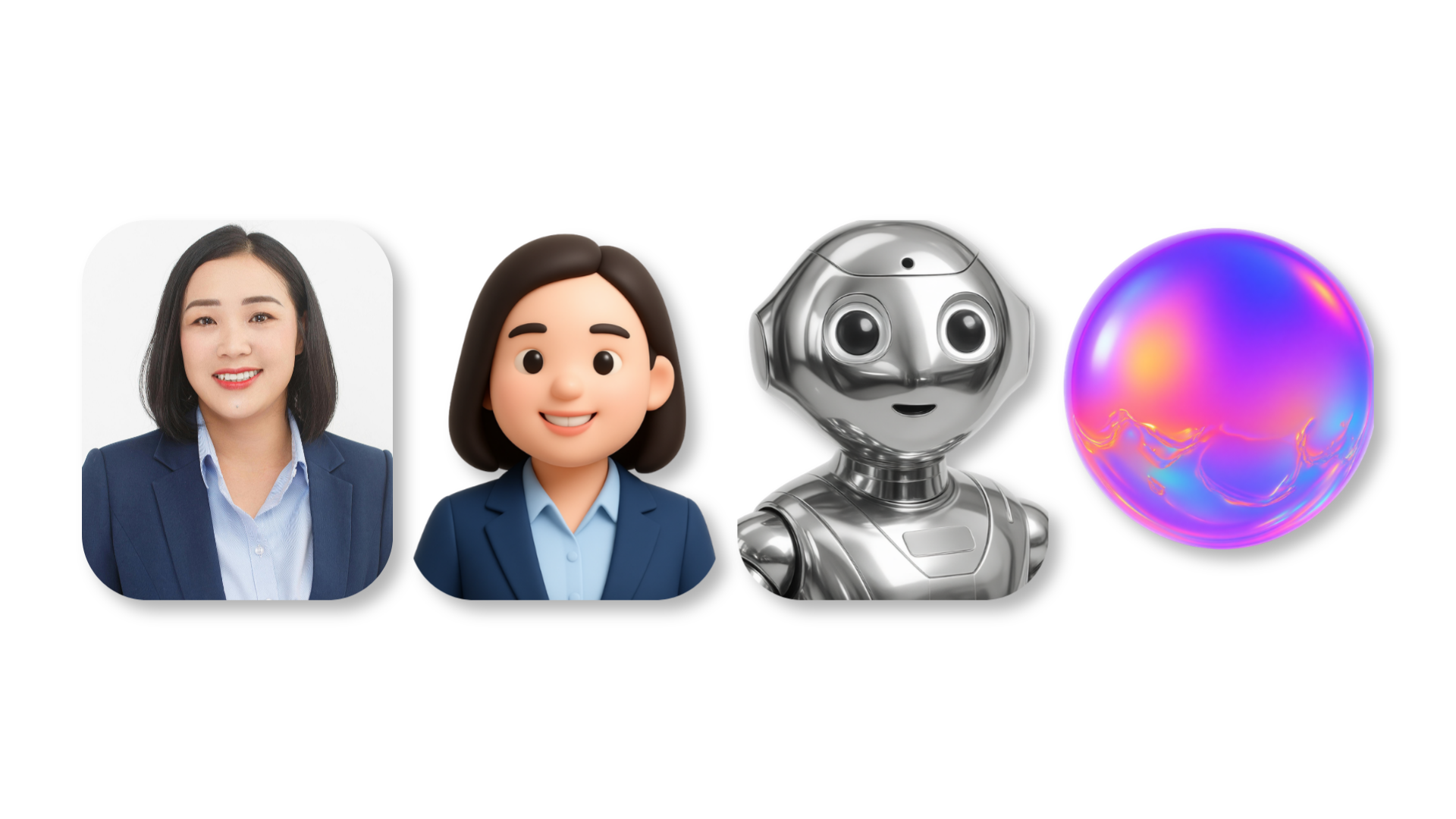 Visualisation of AI chatbot assistants, from a photorealistic woman to a cartoon woman to a robot mascot and finally, an orb