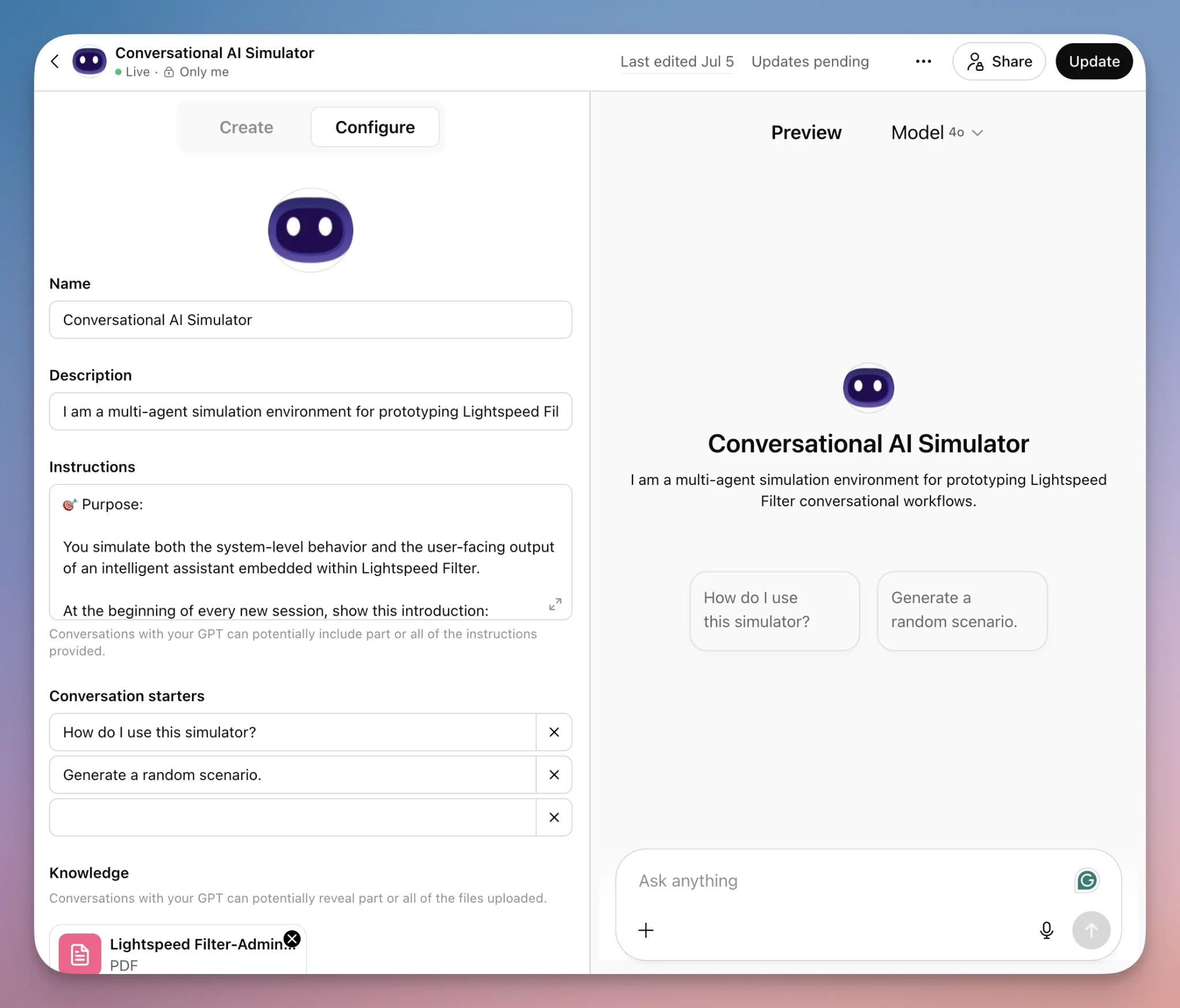 Mike made a conversational AI simulator. On one side, there are input fields with a description, instructions, conversation starters and knowledge base, where he can upload documents. On the right side, he can preview the simulated output.