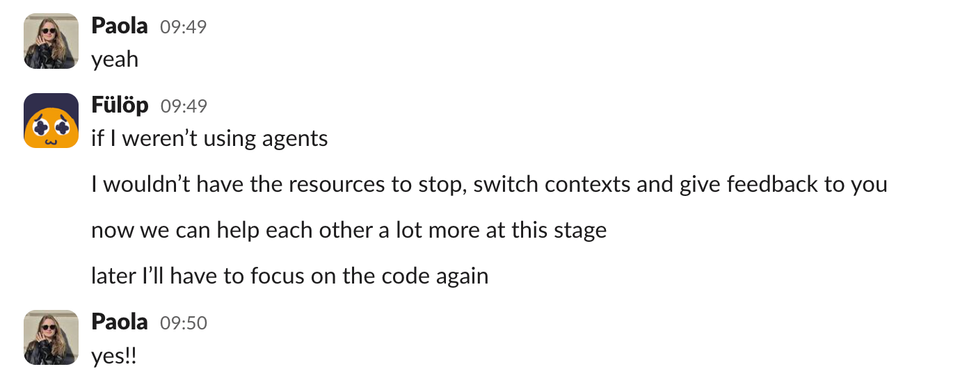 Slack messages between Paola (designer) and Fülöp (developer) discussing the new collaboration style