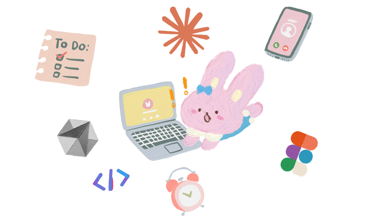 Illustration of a designer (represented as a bunny) surrounded by tool logos from Figma to Claude, to do list, alarms and calls, trying not to get overwhelmed