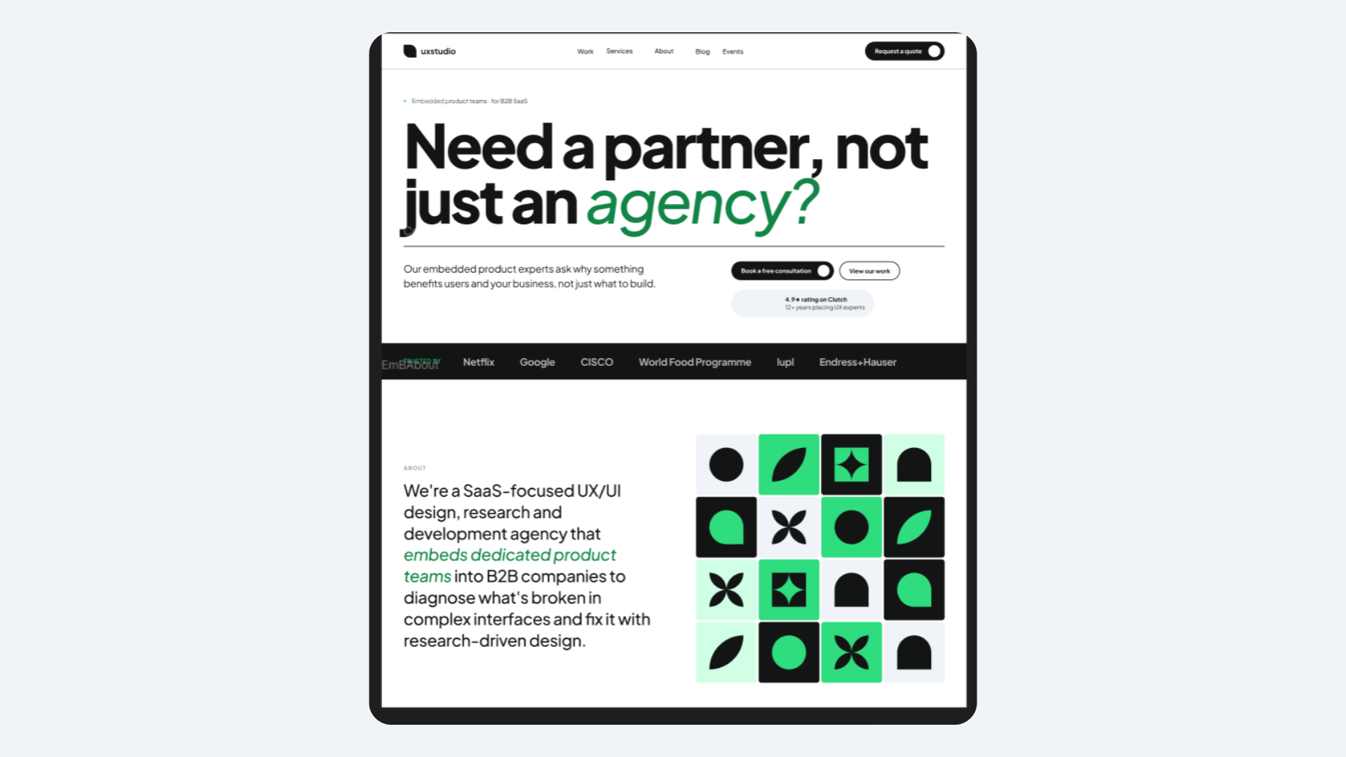 Claude Design used variation in typography, but not at the right places. For example, in the headline, "Need a partner, not just an agency?" it highlights "agency" with green and italics, when messaging-wise, the word "partner" should be prioritized. It adds a dividing line between the header and the subheader, when white space would have been a more reader-friendly option. It then groups 2 CTA buttons together with a Clutch review widget, which it presents as another button, increasing the number of choices. It doesn't recognize that the goal is to keep users on our page and guide them to the contact form, instead of taking them off-page to read reviews.