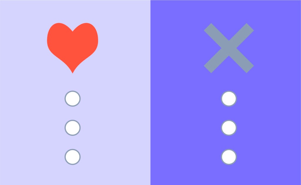 Simplified illustration of a maxdiff survey, where a heart symbolises the most preferred items and an X the least preferred items. each have 3 radio buttons users could click to make their choice.