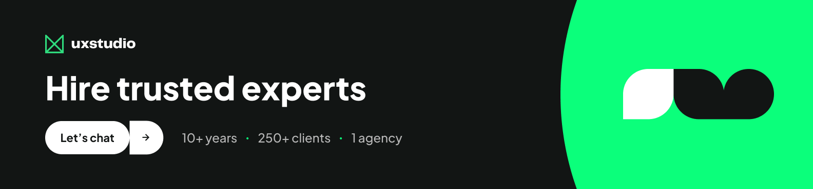 UX studio banner saying "Hire trusted design experts. 10 years, 250 clients, 1 agency. Let's chat."
