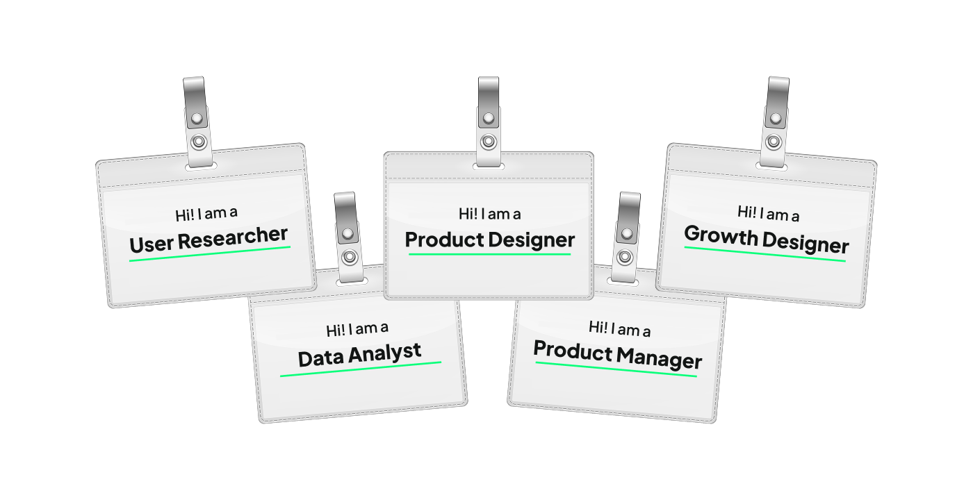5 lanyards symbolising the rols a growth designer takes: growth designer, product designer, user researcher, data analyst and product manager