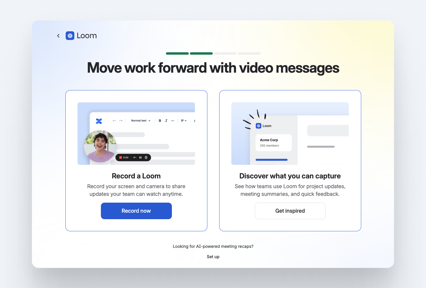 Loom's second onboarding step showing users the choice to record a video or explore use cases first.